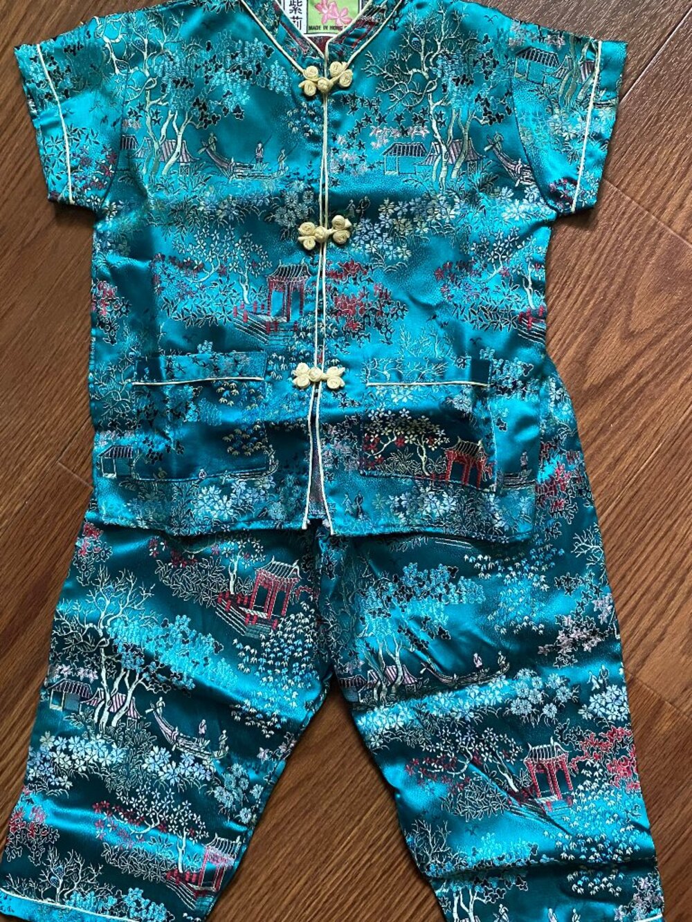 VTG 70s Chinese Tang Suit Pajama Set Kids Size 4 Teal Satin Brocade Chinoiserie